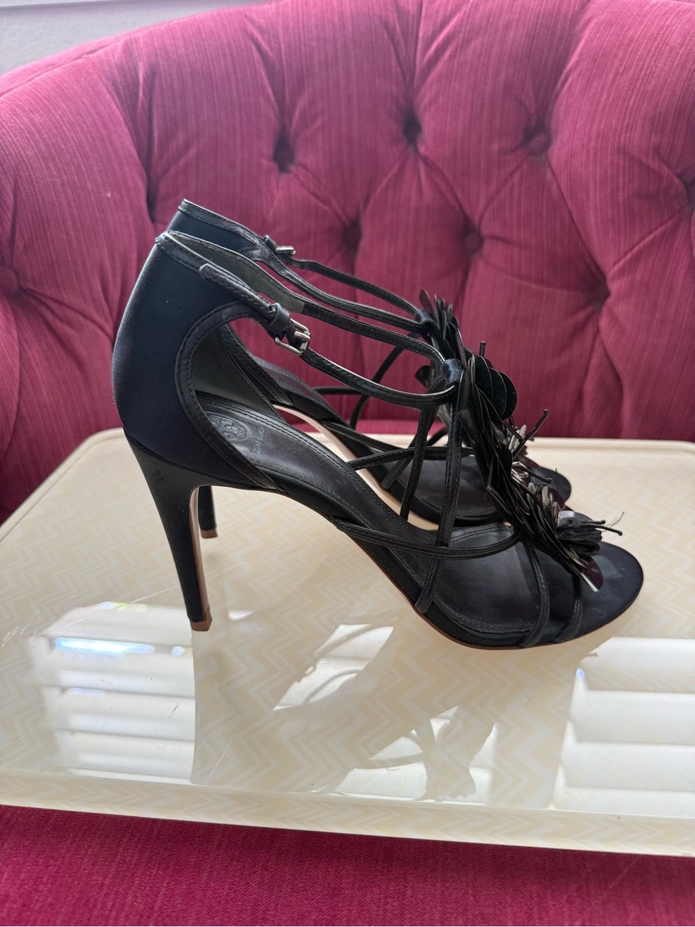 Tory Burch Black Strappy Floral Embellished High Heel Sandals